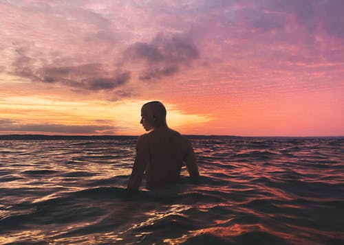 Free Back View of a Man in the Sea During Pink Sky Stock Photo