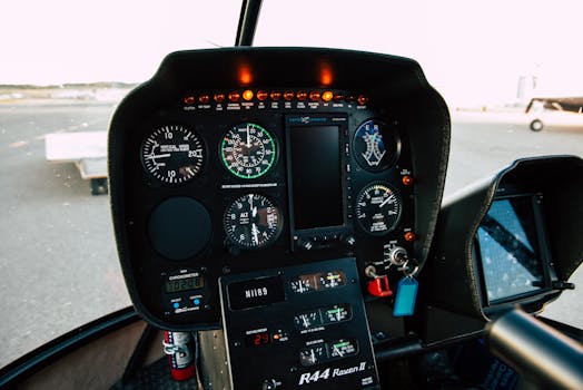 Detailed shot of helicopter cockpit instruments, showcasing avionics in close-up.