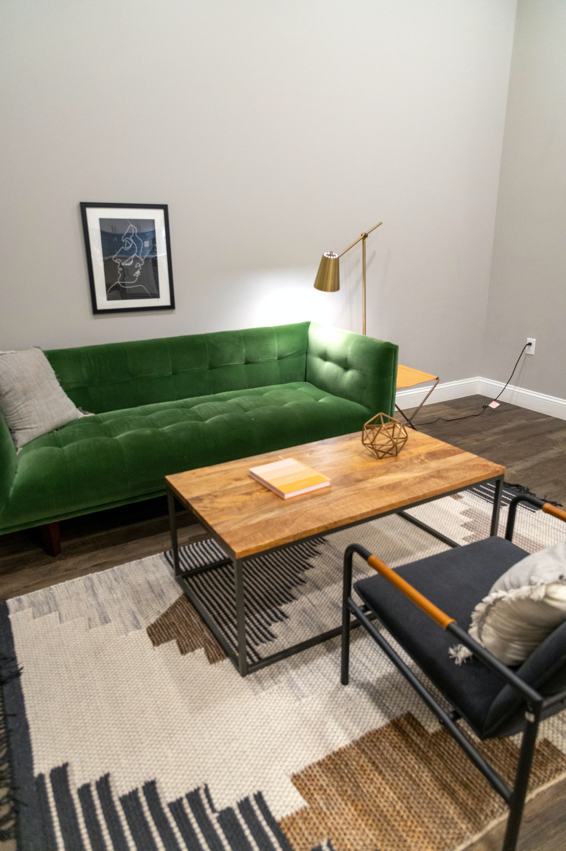 Patterned rug connecting a green sofa, dark chair and wood coffee table