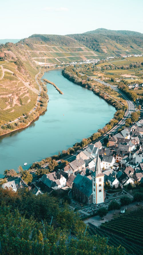 Aerial Shot of Town near River