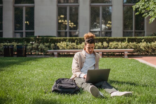 Concentrated student browsing laptop while resting on grass in sunlight