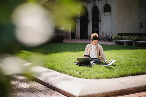 Focused ethnic man studying on lawn in university campus