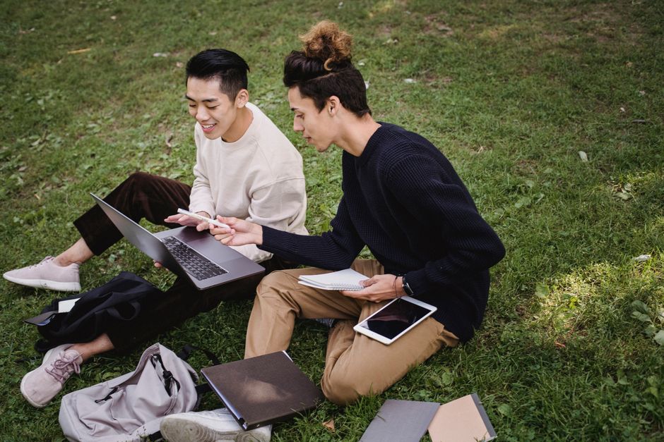 High angle full length ethnic male students in casual clothes browsing laptop and discussing college project while sitting together on grassy meadow in park High angle full length ethnic male students in casual clothes browsing laptop and discussing college project while sitting together on grassy meadow in park