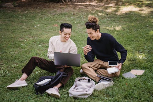 Full body cheerful young male students wearing casual clothes using laptop and discussing homework assignment while sitting on grass in summer park