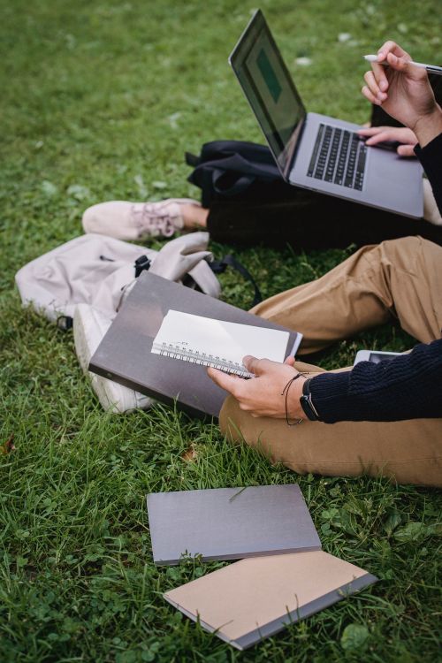 Free Two students on a lawn studying with a laptop and notebooks, focusing on coursework outdoors. Stock Photo