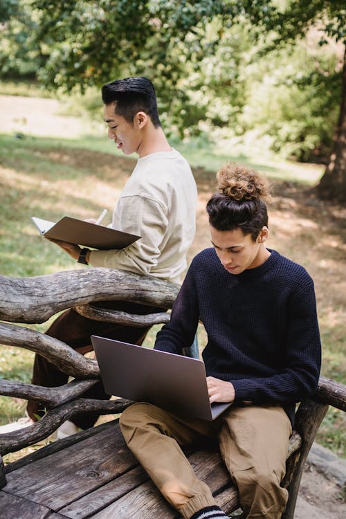 Focused ethnic men using laptop and studying together in park