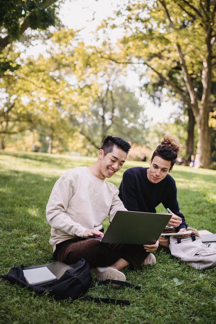 Cheerful Ethnic Male Students Working On Assignment On Park Lawn