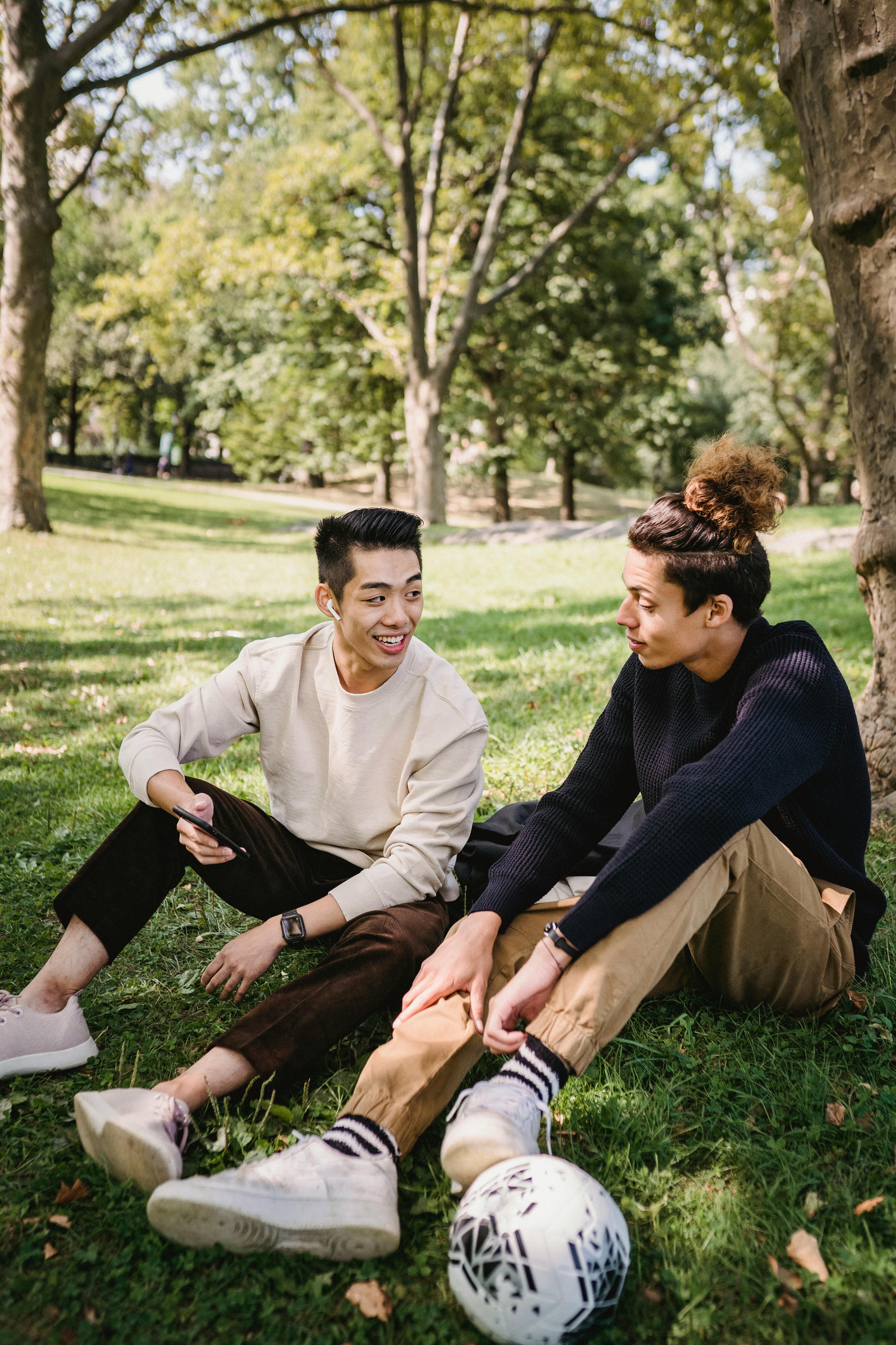 cheerful ethnic men chatting on lawn in park