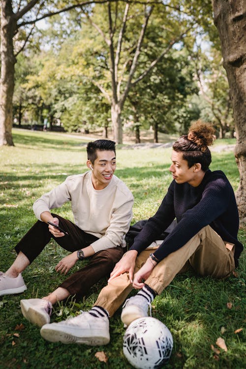 Free Cheerful ethnic men chatting on lawn in park Stock Photo