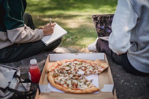 Crop anonymous young male friends in casual clothes spending time on ground near grass with laptop and pizza while writing notes in notebook with pen in summer sunny day