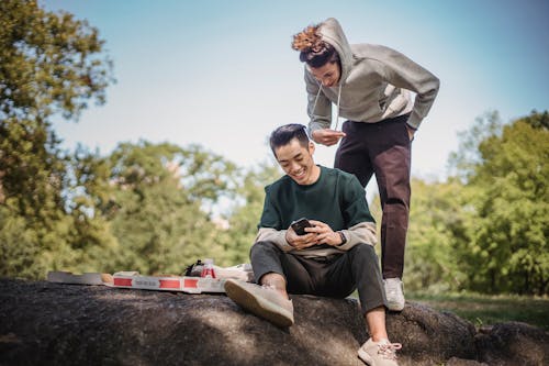 Cheerful multiethnic friends browsing smartphone while having picnic