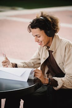 学生一边戴着无线耳机听音乐，一边准备作业项目，开心地微笑着