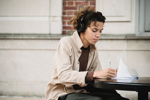 Side view of learner writing task in document while preparing university assignment and listening to music in wireless headphones