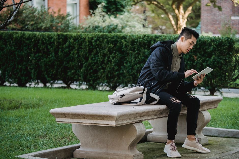 Full body of young focused Asian male in casual wear sitting on bench in park and browsing internet on tablet Full body of young focused Asian male in casual wear sitting on bench in park and browsing internet on tablet