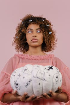 专为万圣节设计的怪异肖像：一位手持白色南瓜的女人