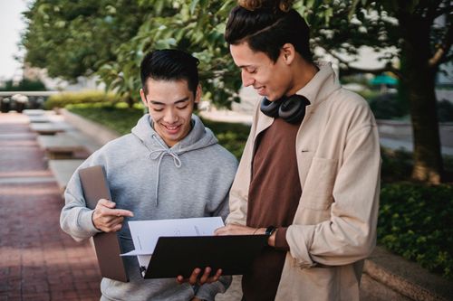 Free Cheerful multiracial male students in casual clothes looking through pages in folder while standing in green campus park on sunny day Stock Photo