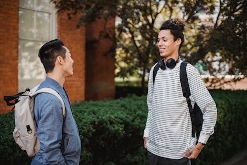Cheerful multiethnic students discussing university studies in campus
