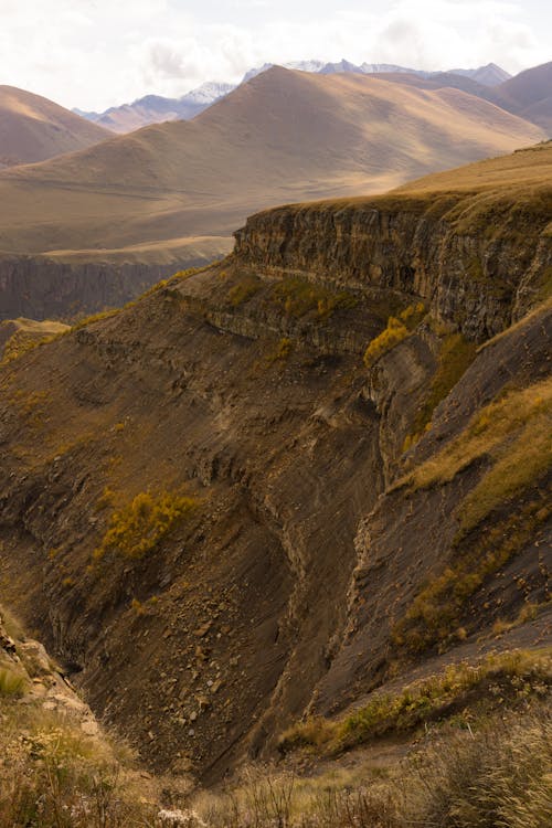 Mountain ridge behind rough grassy hills