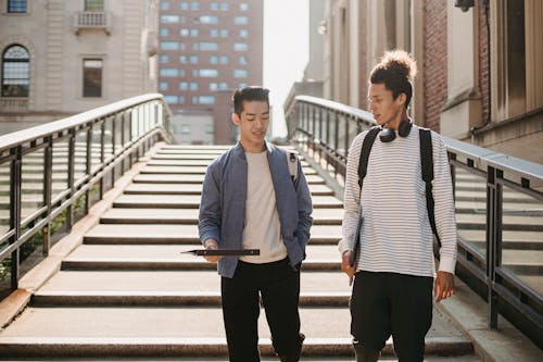 Diverse classmates wearing casual clothes walking on stairway of university building and discussing studying