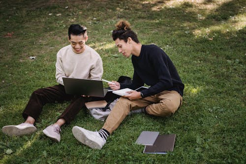 Homme Et Femme Assis Sur Le Terrain De L'herbe Verte