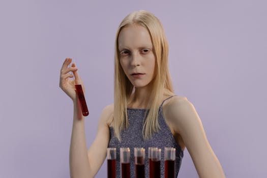 一位金发女子手持装有红色液体的小瓶，背景是紫色