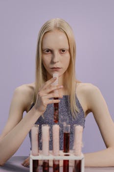 背景为紫色，一名金发女子手持装有彩色液体的试管，画面怪异而概念化