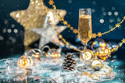Close-up of a festive scene with champagne and Christmas decor, featuring gold and silver ornaments.