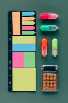 A flat lay of sticky notes, highlighters, and a calculator on a green background.