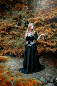 一位身着黑色连衣裙的女子在秋叶中的艺术照片，体现奇幻风格
