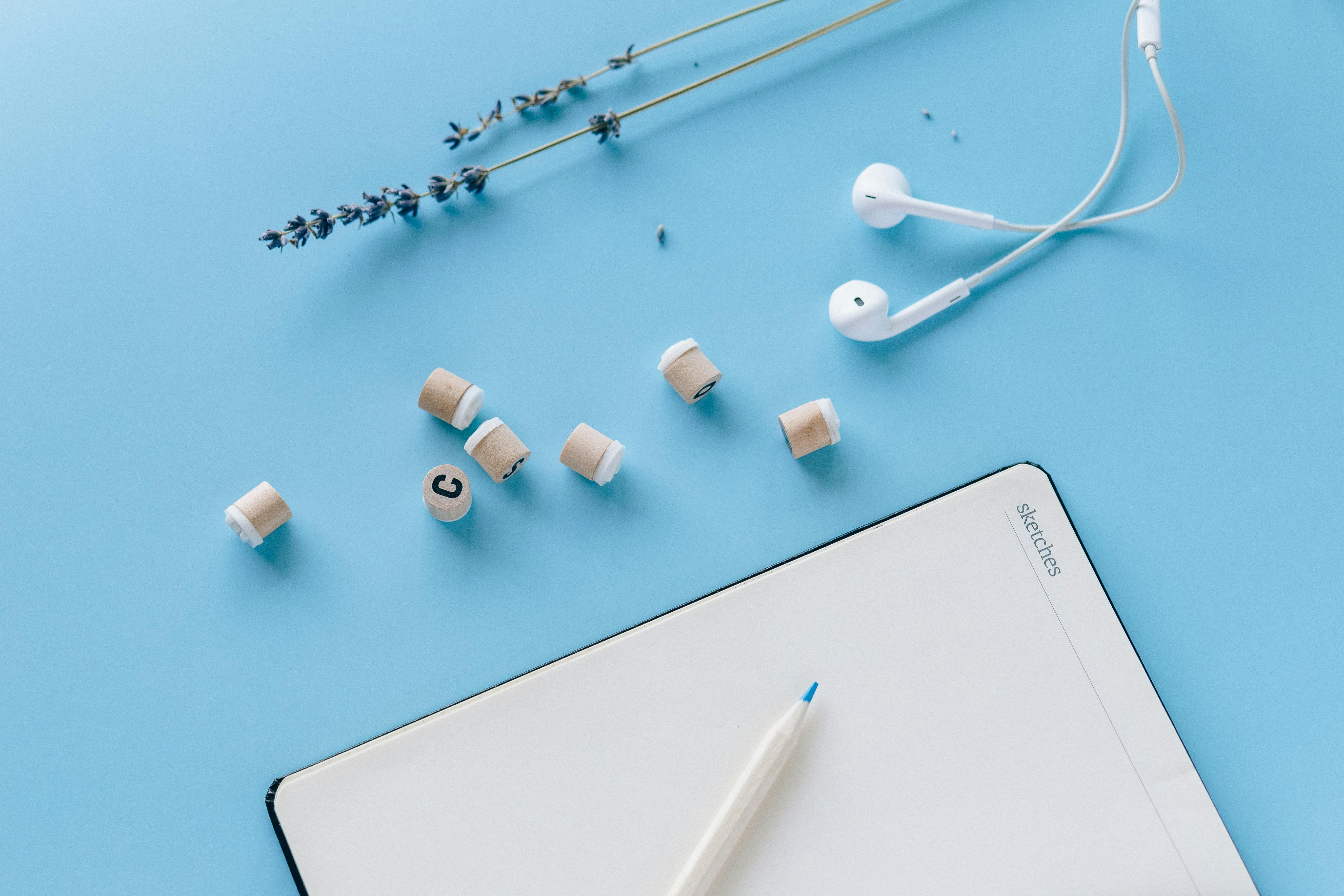 white earbuds and white ipad