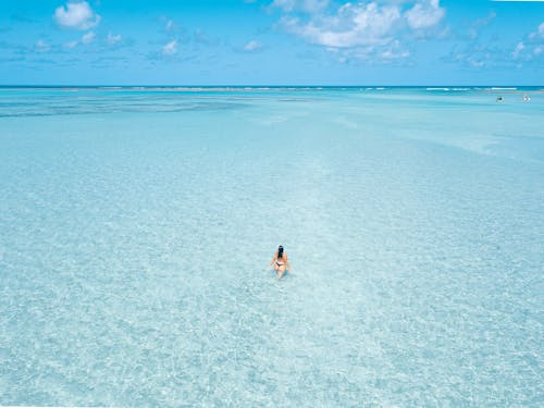 Aerial Shot of Woman Standing in the Ocean 