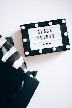 Black Friday signboard with bag on white background for promotions.