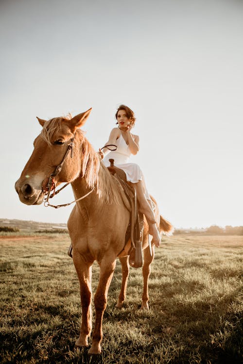 Woman in White Dress Riding a Brown Horse