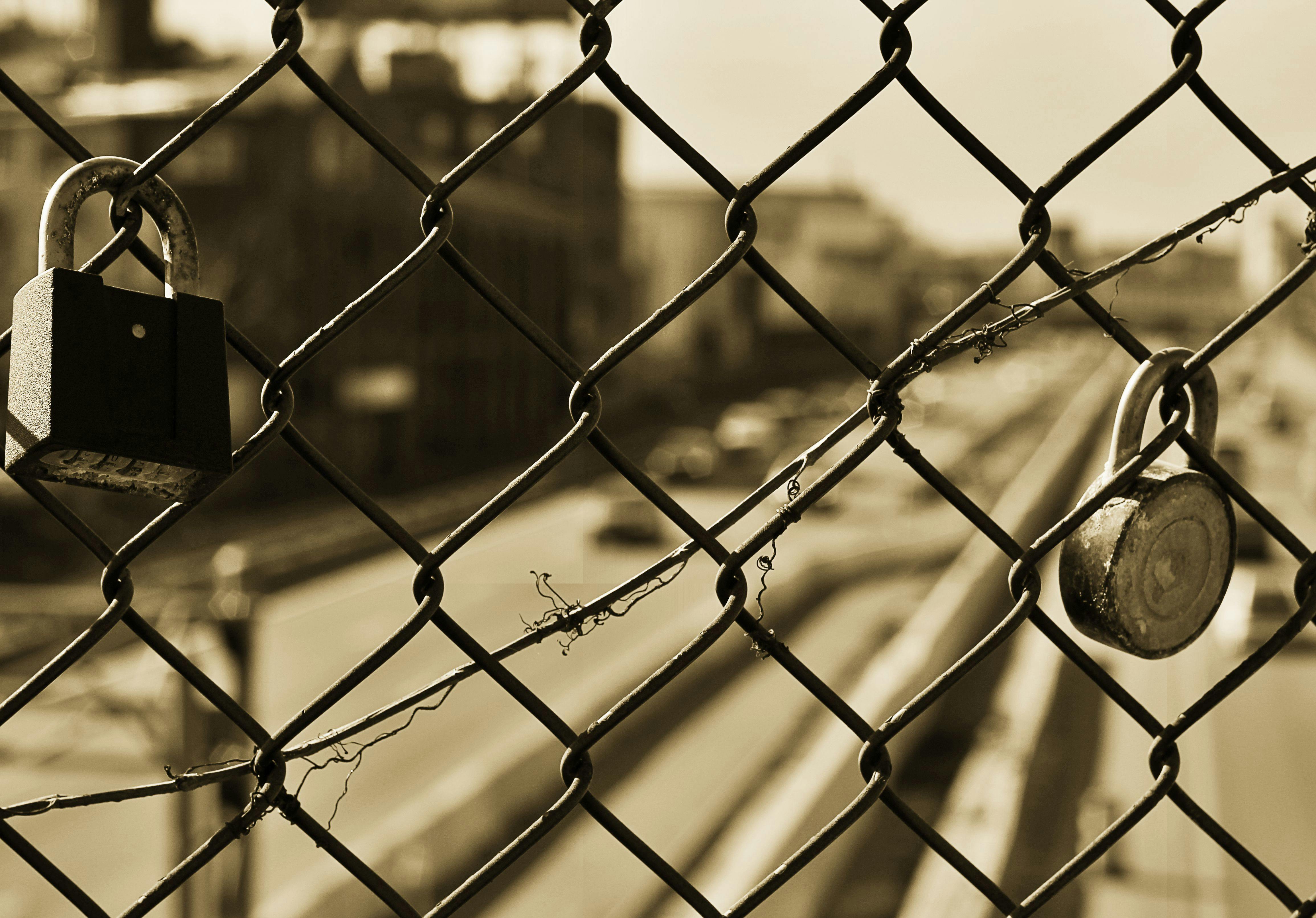 Two Black Padlocks on Grey Metal Wire Fence