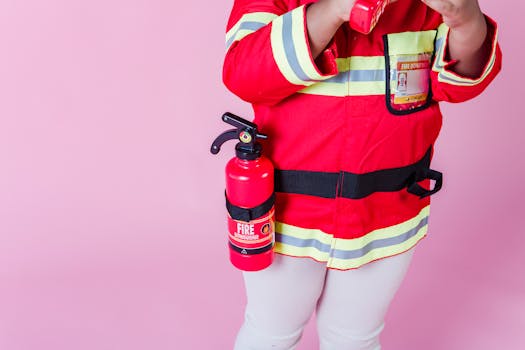 A child wearing a firefighter costume with a toy extinguisher on a pink background.