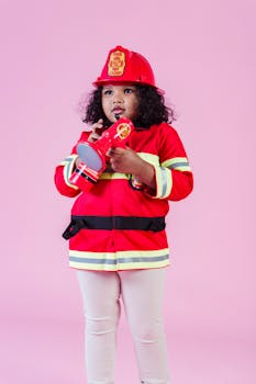 Adorable child in a firefighter uniform holding a toy megaphone against a pink background.