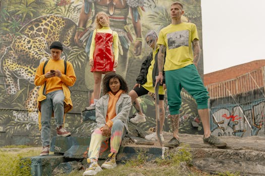 Fashionable group of young adults posing stylishly with skateboards against a vibrant street art backdrop.