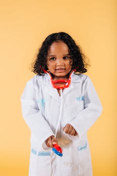 A happy child in a doctor's costume playing with a toy over a yellow background.