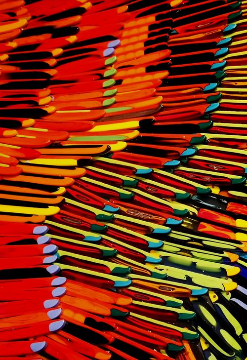 Free A vivid and colorful abstract arrangement of ski equipment, displaying mesmerizing patterns and vibrant hues. Stock Photo