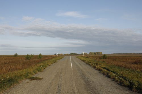 A Dirty Countryside Road Across the Grass Field