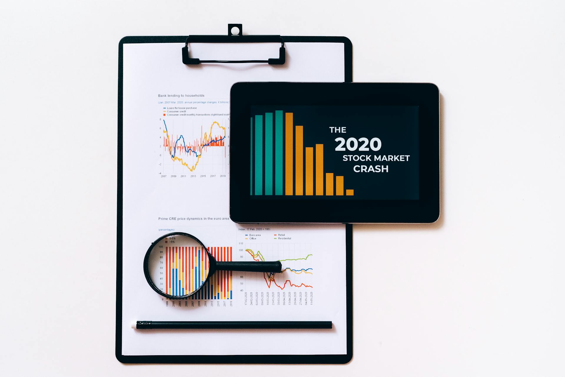 Tablet and clipboard with charts illustrating the 2020 stock market crash.