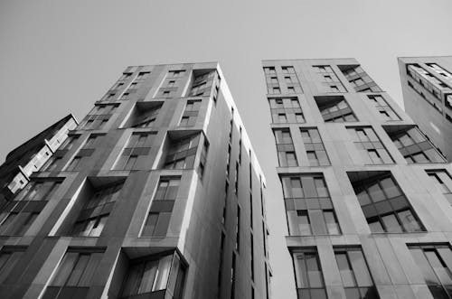 Vista A Occhio Di Verme Degli Edifici Nella Fotografia In Scala Di Grigi