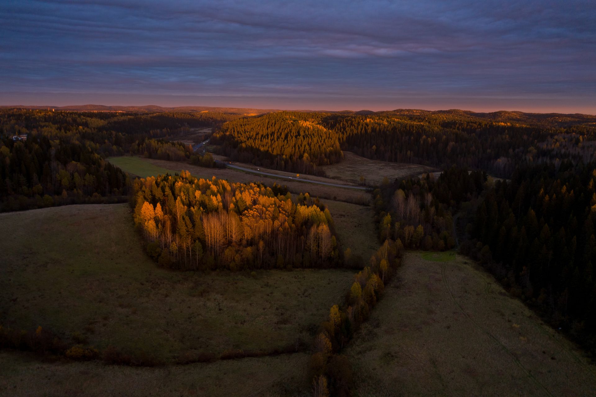 Stunning aerial view of a forest in Sortavalskiy District, Russia during autumn sunset, showcasing vibrant colors.