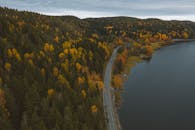 从空中俯瞰，一条风景秀丽的道路穿过俄罗斯卡累利阿宁静的湖泊旁充满活力的秋日森林