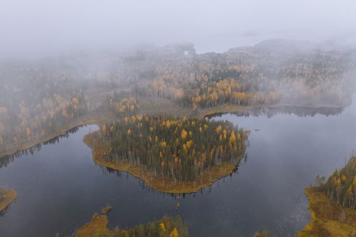 Free A captivating aerial view of a foggy autumn landscape in Karelia, Russia, with vibrant fall foliage and a serene lake. Stock Photo