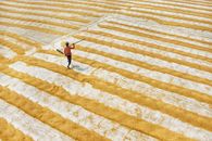 Woman in Black and White Dress Walking on Yellow and White Stripe Textile
