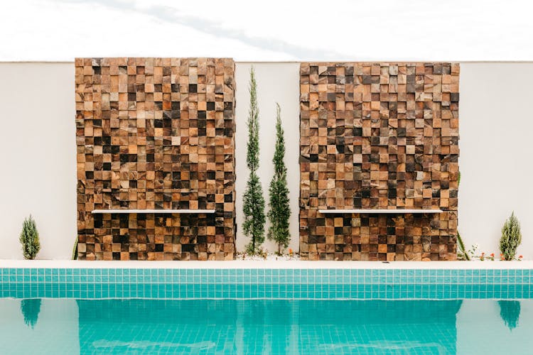 Swimming Pool Near Stone Wall With Plants