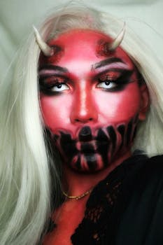 Close-up portrait of a woman in demon cosplay makeup with horns and dramatic face paint.