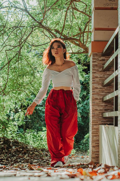 Free Full body of Asian female in stylish outfit walking on yellow foliage near wall on background of green trees Stock Photo