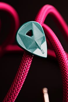 A teal guitar pick resting on a vibrant pink cable against a black background.
